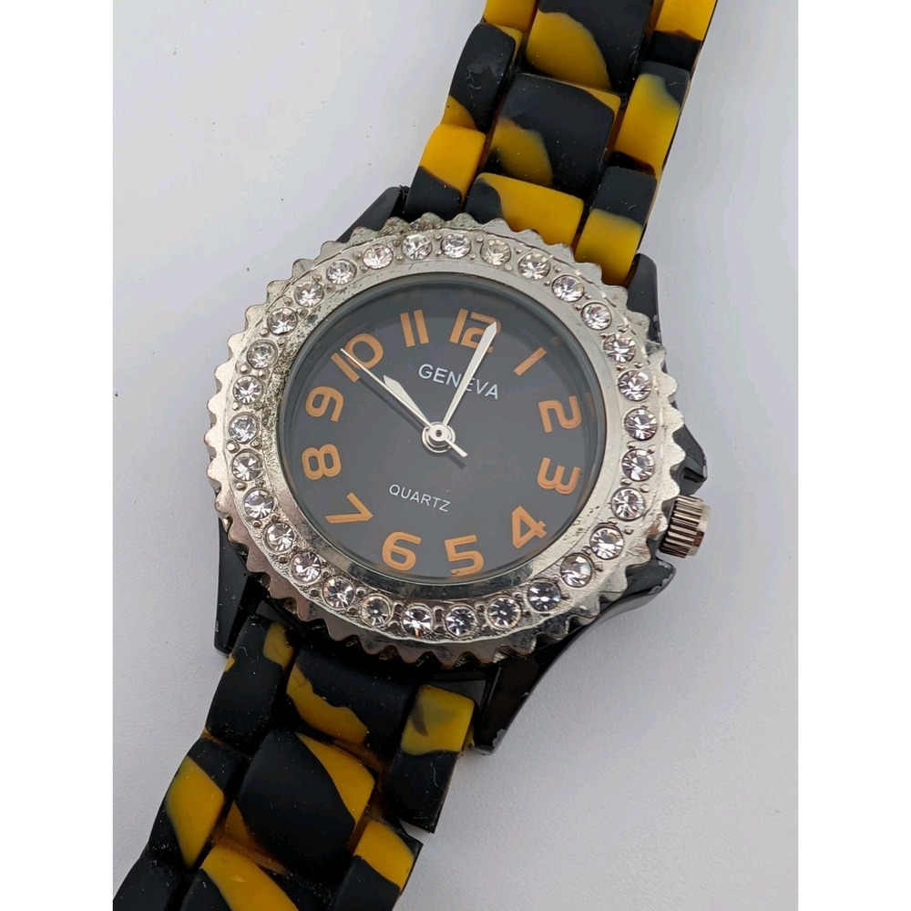 Geneva Watch Women 30mm Caseβ Black & Yellow Silicone Band- New Battery
